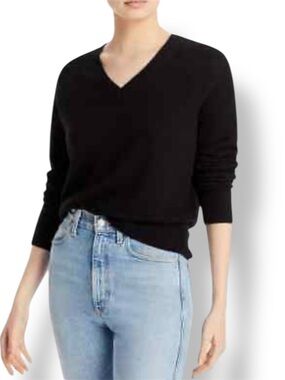 LXRI 100% CASHMERE V-NECK SWEATER IN DEEP BLACK SIZE L